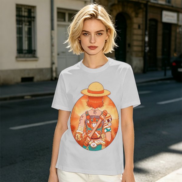 Olive T-Shirt Featuring Anime Character With Straw Hat Back View