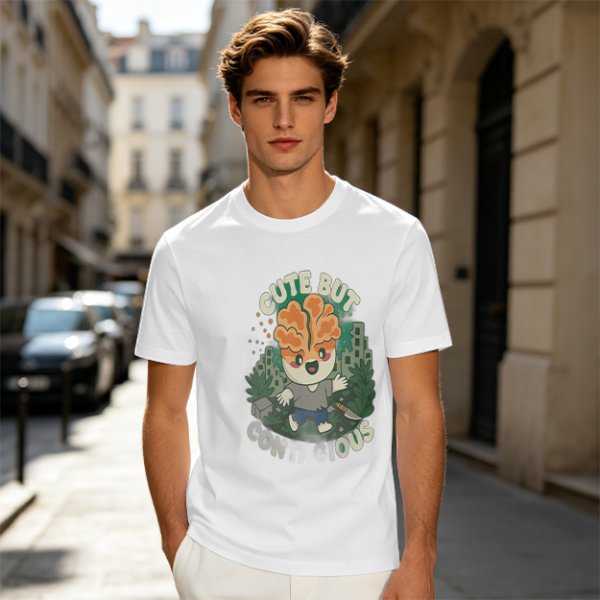 Olive t-shirt with cute brain character and 'Cute But Ous' print