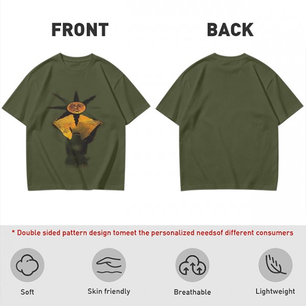 Olive Green T-Shirt With Sun And Dark Figure Graphic Print