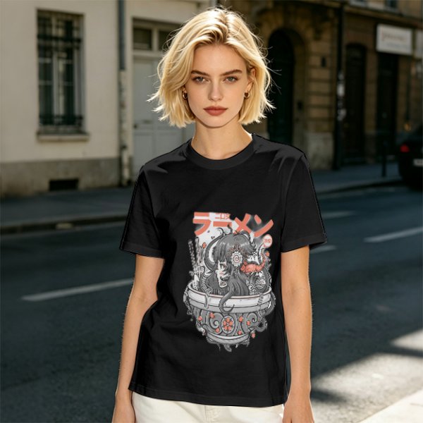 Olive Green T-Shirt with Japanese Ramen Themed Anime Art Print