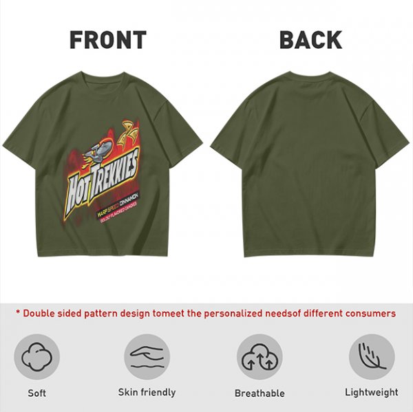 Olive green graphic t-shirt with Hot Trekkies Star Trek themed print