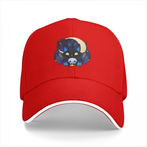 Black Baseball Cap With Night City Black Cat Crescent Moon Skull Art