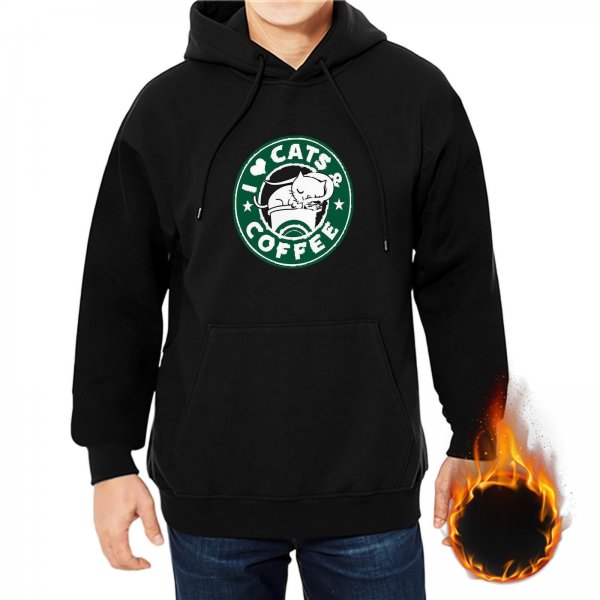 Black Hoodie With I Love Cats And Coffee Cat In Cup Graphic