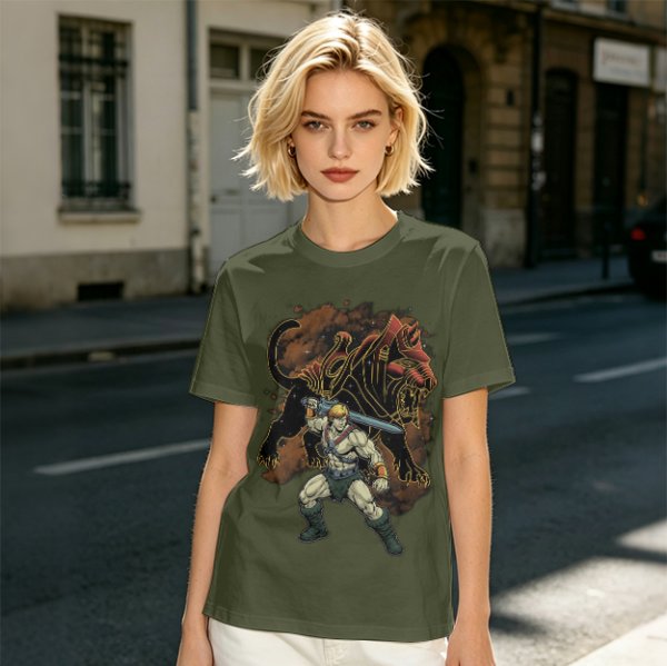 Olive T-shirt with He-Man and Battle Cat Graphic