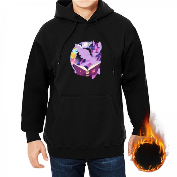 Black hoodie with purple unicorn reading magical book graphic