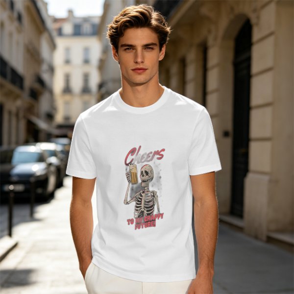 Olive skeleton graphic t-shirt with 'Cheers to my crappy future' print