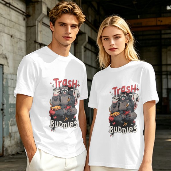 Olive green t-shirt with Trash Buddies raccoon possum and skunk graphic