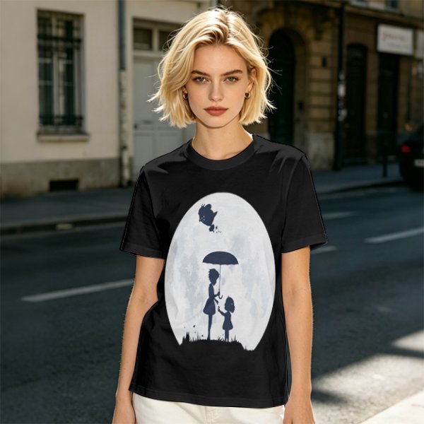 Olive T-Shirt With Moon Silhouette Of Two Children And Umbrella