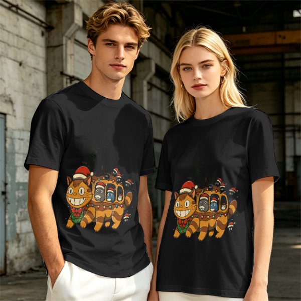 Christmas Catbus T-Shirt with Festive Spirited Away Characters