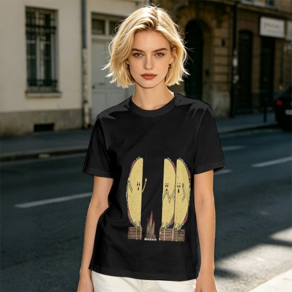 Olive T-Shirt With Funny Taco Characters Around A Campfire