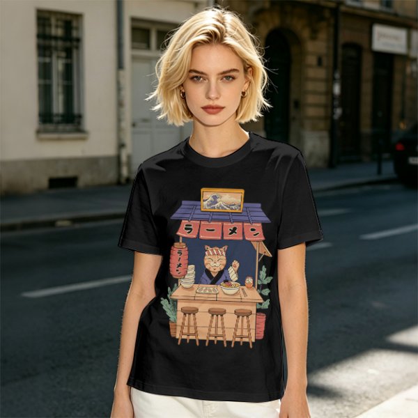 Olive T-Shirt with Cat Ramen Shop Artwork