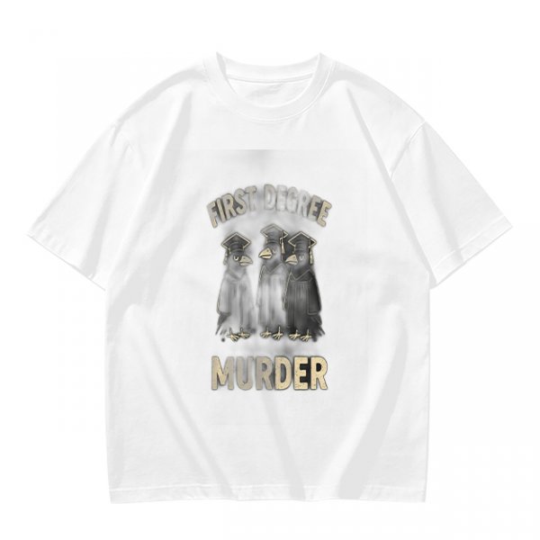 Olive t-shirt with first degree murder crow graduates graphic