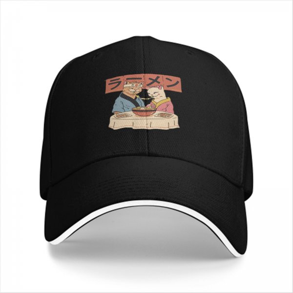 Black baseball cap with cats eating ramen graphic