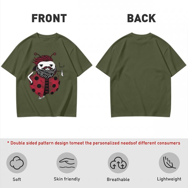 Olive Green T-Shirt With Bearded Ladybug Print