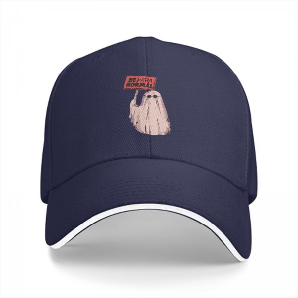 Black baseball cap with a ghost holding a 'Be Paranormal' sign