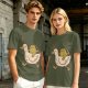 Olive T-Shirt Featuring Frog Riding Duck Holding Knife