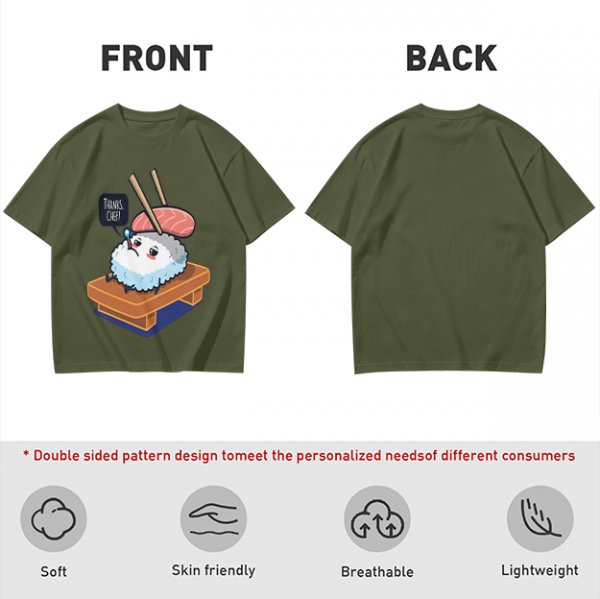 Olive T-Shirt With Sad Sushi Character Saying Thanks Chef Print