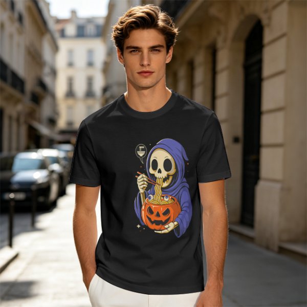 Grim Reaper Eating Ramen from Jack-o'-lantern Pumpkin Bowl T-Shirt