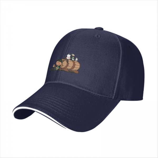 Black baseball cap with cartoon leprechaun and beer barrel graphic