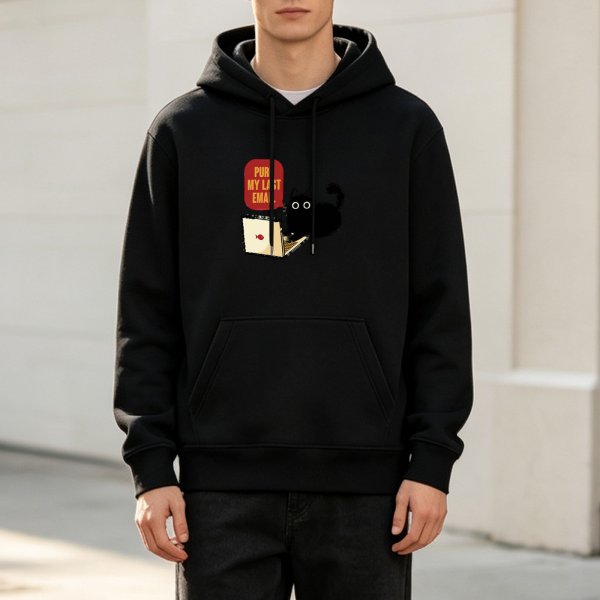 Black cat on laptop hoodie with 'Purr My Last Email' print