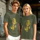 Olive T-shirt with a grumpy cartoon dinosaur holding a coffee mug