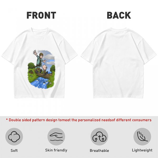Olive T-shirt with Cartoon Boys Balancing on Log Over Stream