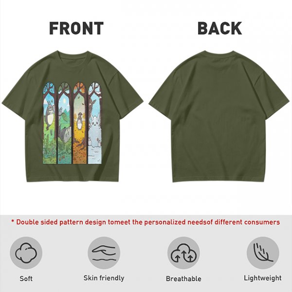 Olive T-Shirt With Stained Glass Style Four Seasons Forest Creature Art