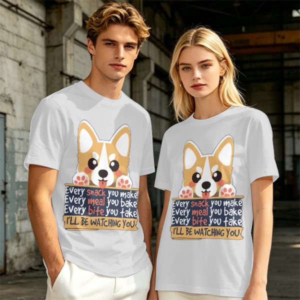 Olive t-shirt with corgi graphic and 'I'll Be Watching You' snack quote