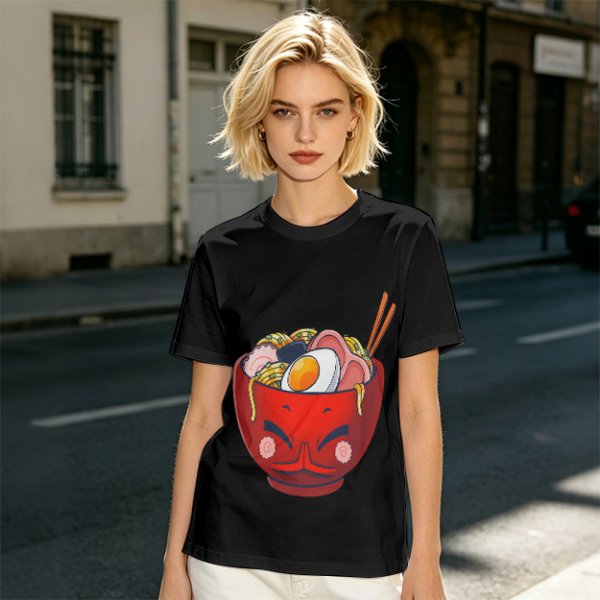 Olive T-Shirt With Cute Cartoon Ramen Bowl Graphic