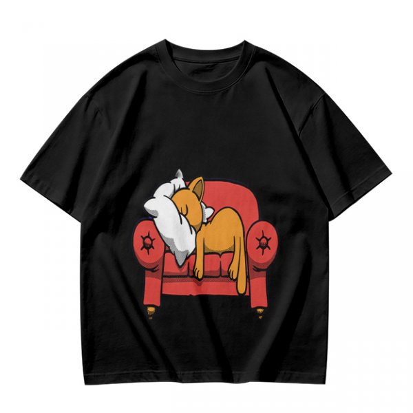 Olive green t-shirt with a sleeping orange cat on a red armchair print