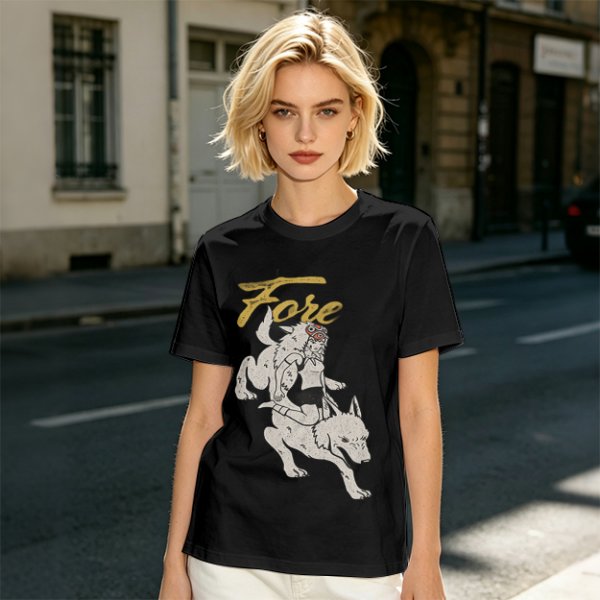 Olive graphic t-shirt with wolf rider and 'Fore' text print