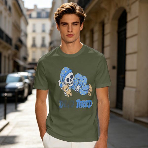 Olive T-Shirt with Sleeping Skeleton in Pajamas 'Dead Tired' Print