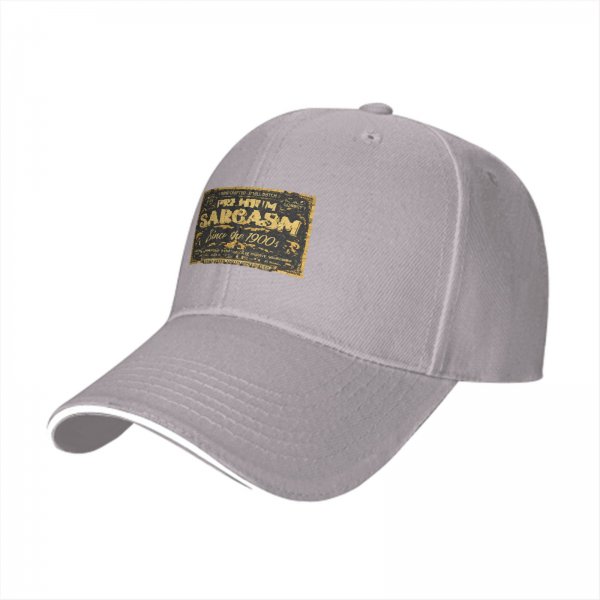 Black baseball cap with 'Sarcasm Since the 1900s' gold graphic