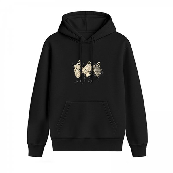 Black Hoodie With Three Vintage Ghost Figures Graphic Print