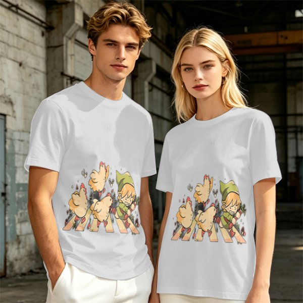 Olive Green T-Shirt With Chasing Chickens And Elf Character Print