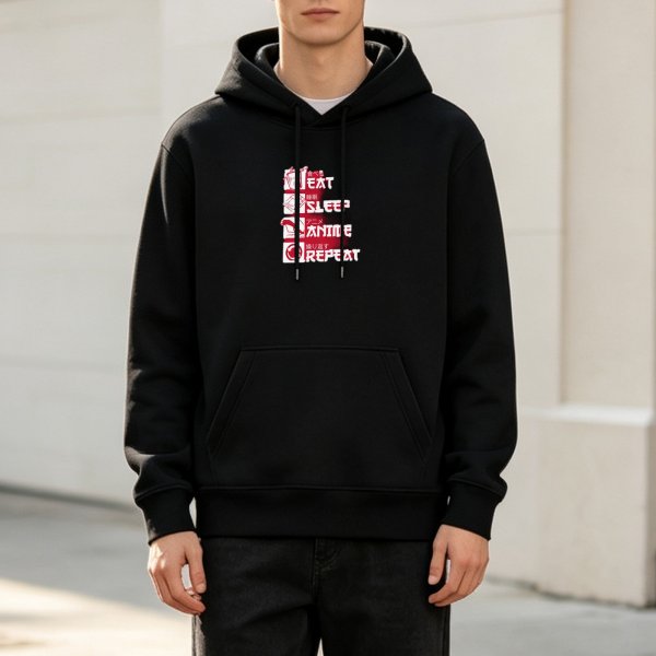 Black Anime Themed Hoodie With Eat Sleep Anime Repeat Print