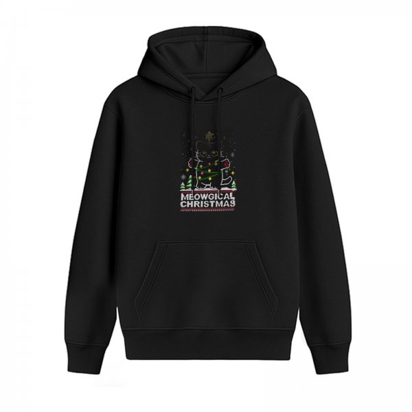 Black hoodie with Meowgical Christmas cat and festive holiday print
