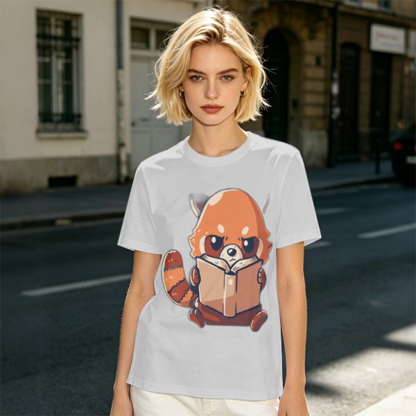 Olive T-Shirt with Cute Red Panda Reading Book Graphic