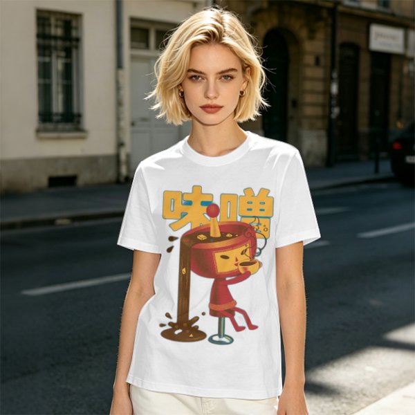 Olive green t-shirt with whimsical miso character graphic print