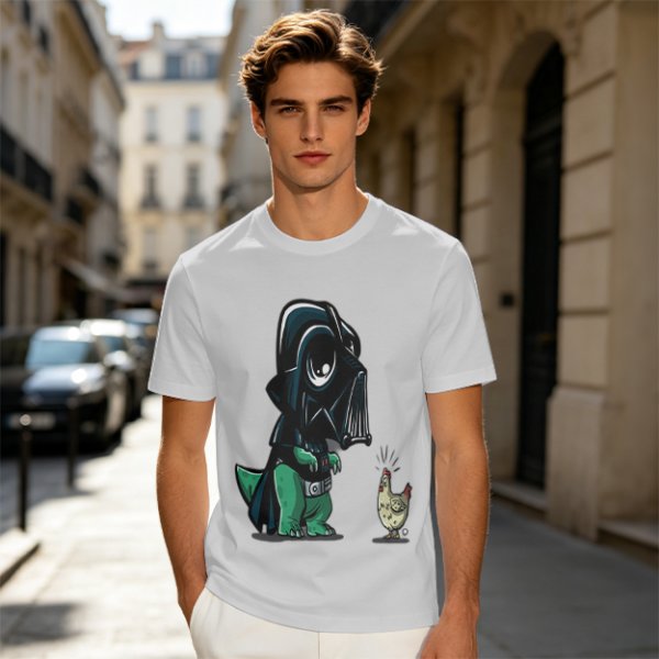 Olive T-shirt with cartoon dinosaur in Darth Vader helmet and chicken print