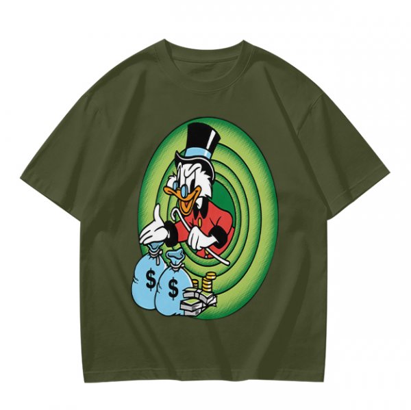 Olive T-Shirt Featuring Scrooge McDuck with Money Bags and Coins