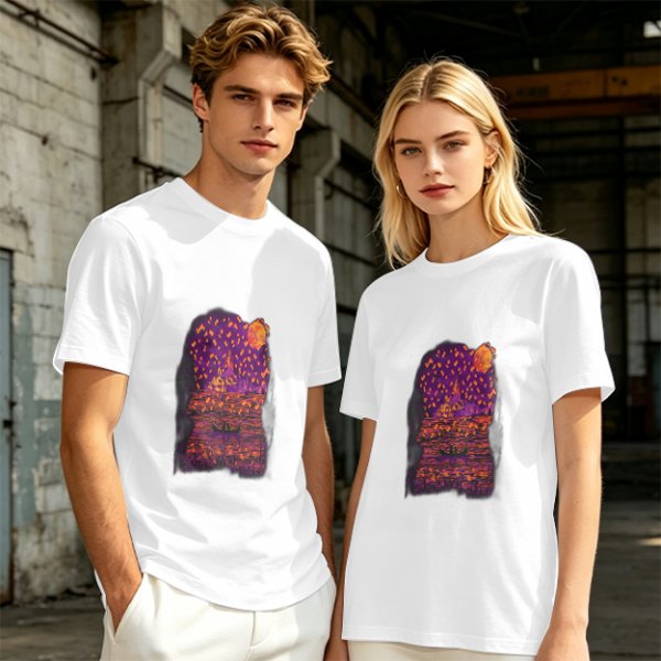 Olive T-Shirt with Purple Sunset Boat Scene Graphic