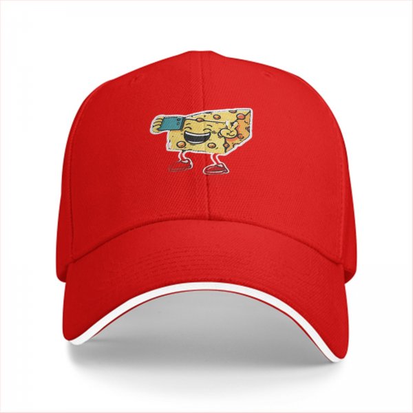 Black Baseball Cap With Cartoon Cheese Taking Selfie Peace Sign