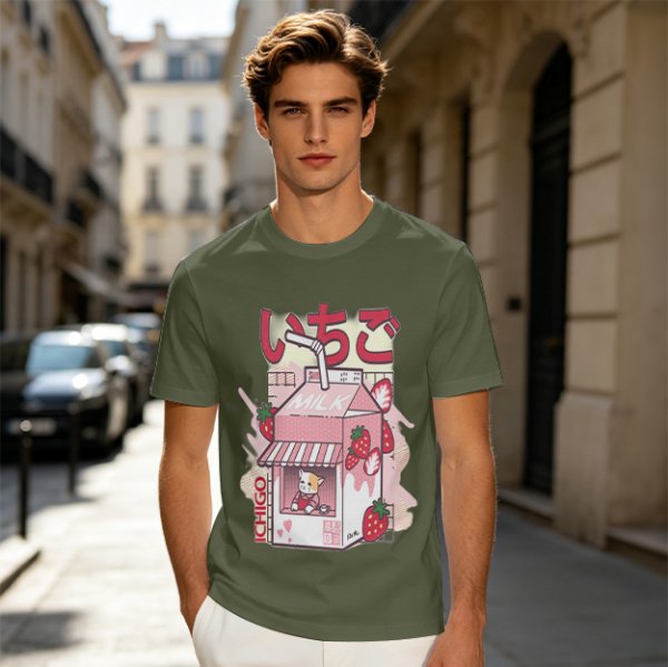 Olive T-Shirt with Strawberry Milk Carton Cat Shop Graphic
