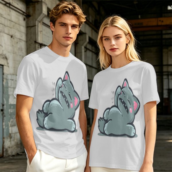 Olive T-Shirt With Embarrassed Gray Cat Graphic Print