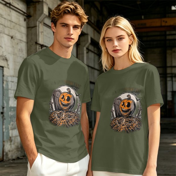 Olive Halloween Skeleton Pumpkin Graphic T-Shirt