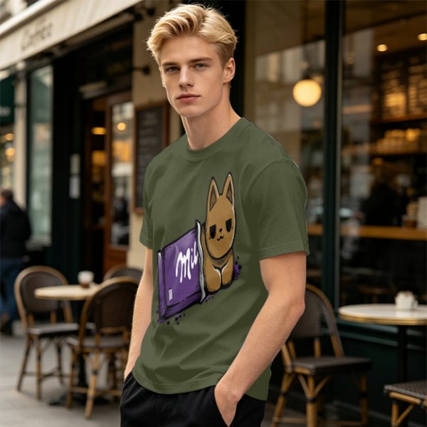 Olive T-shirt with a cartoon cat emerging from a purple chocolate wrapper print
