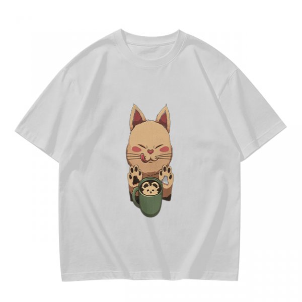Olive green t-shirt with cute cat holding a mug print