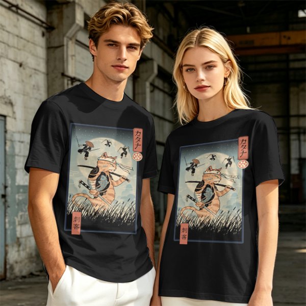 Samurai Cat Fighting Ninjas Ukiyo-e Style Graphic T-Shirt