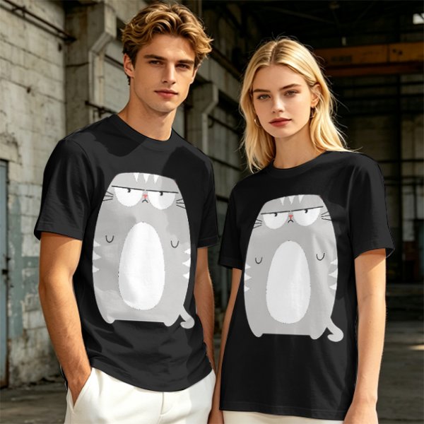 Olive Green T-Shirt With Grumpy Chubby Gray Cat Graphic